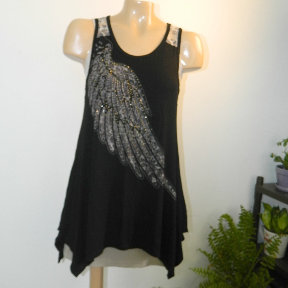 Voice of California Vocal Tank Top Women Small Black Rhinestone Wing Lace Hem